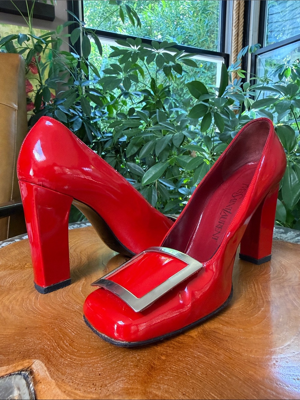 Red Patent Yves Saint Laurent Block Heel Square Embellished Toe